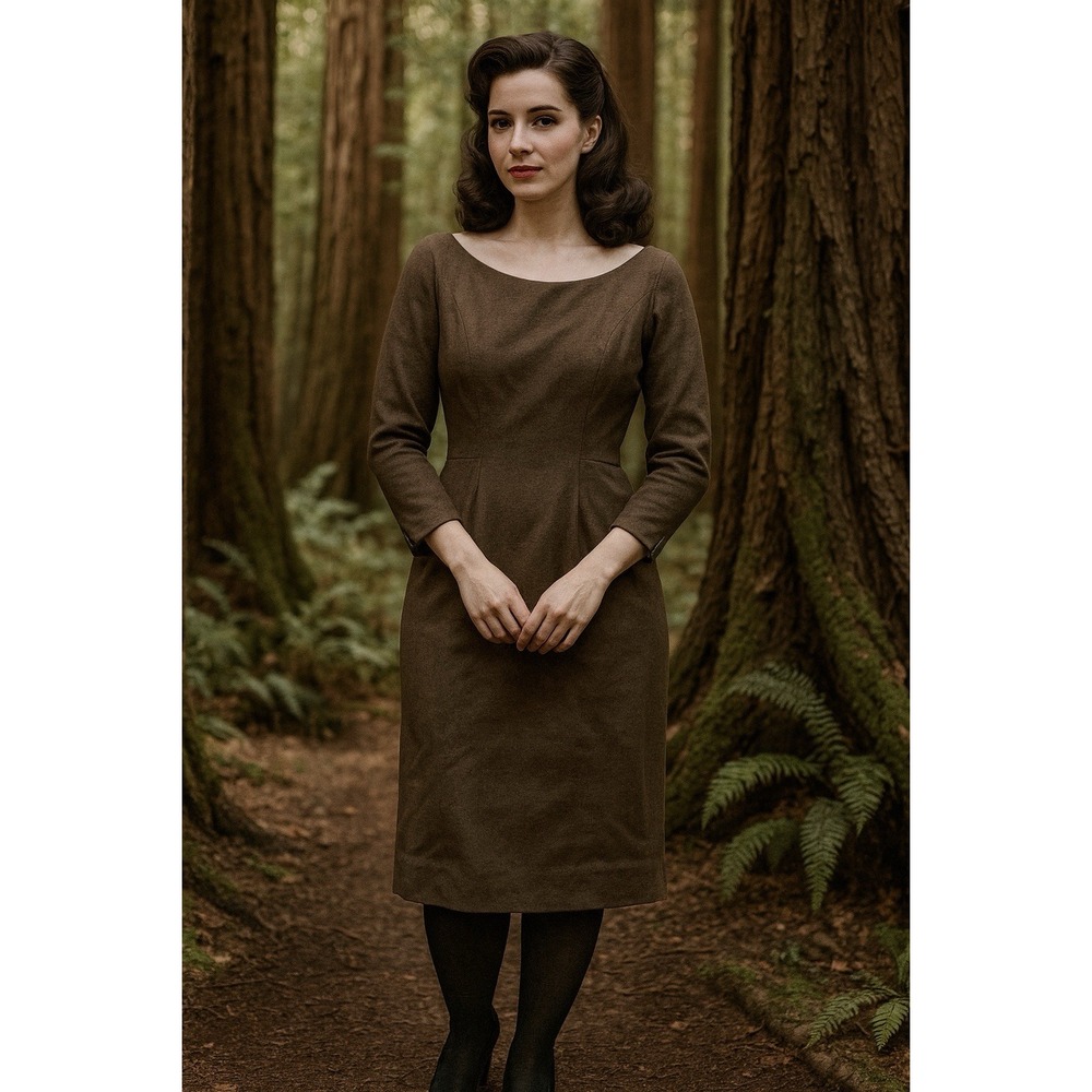 Vintage 60s‎ Wool Dress Green Brown Long Sleeve Wool size Small